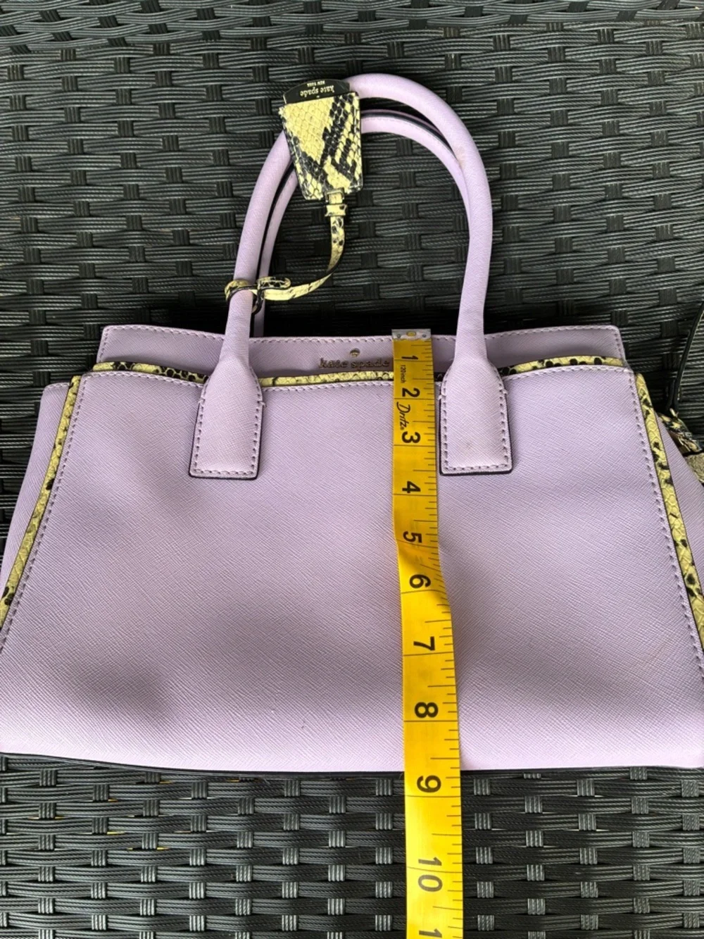 kate spade lilac satchel with yellow snake-print trim